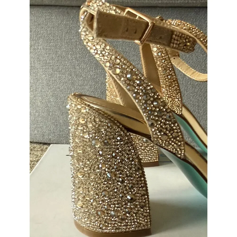 Betsey Johnson Gold Rhinestone Block Heel Sandals